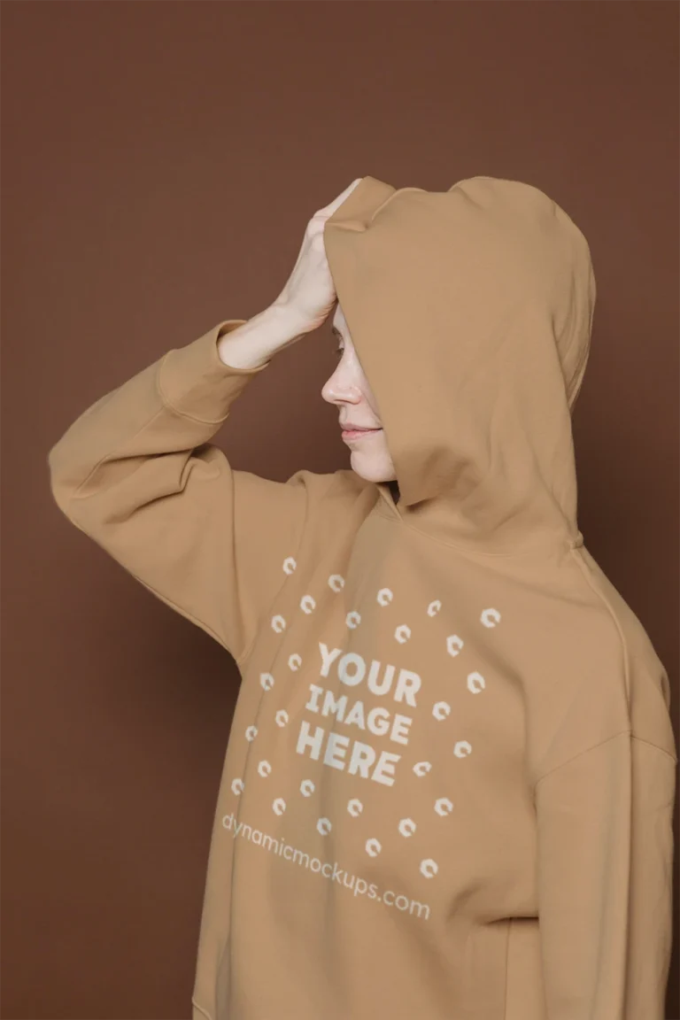 Woman Wearing Tan Hoodie Mockup Front View Template