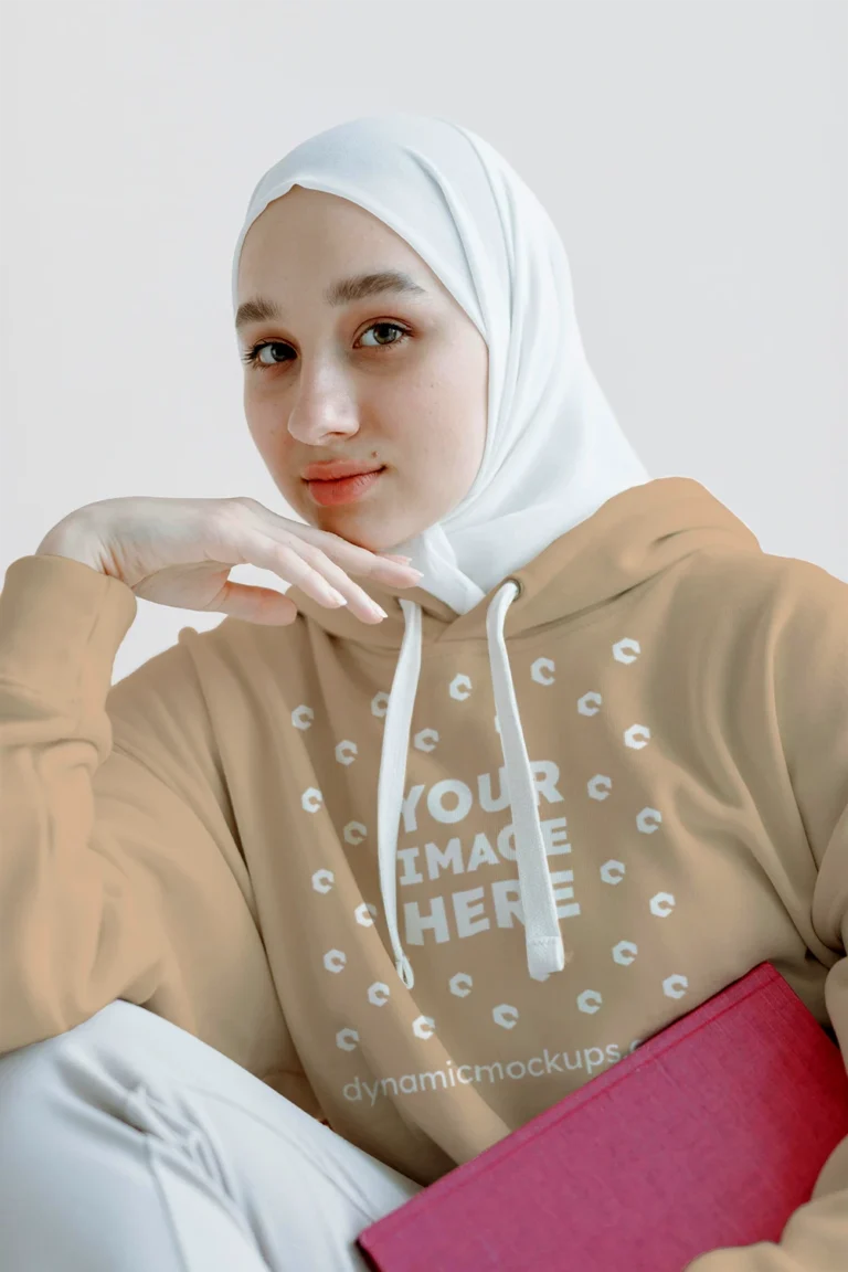 Woman Wearing Tan Hoodie Mockup Front View Template