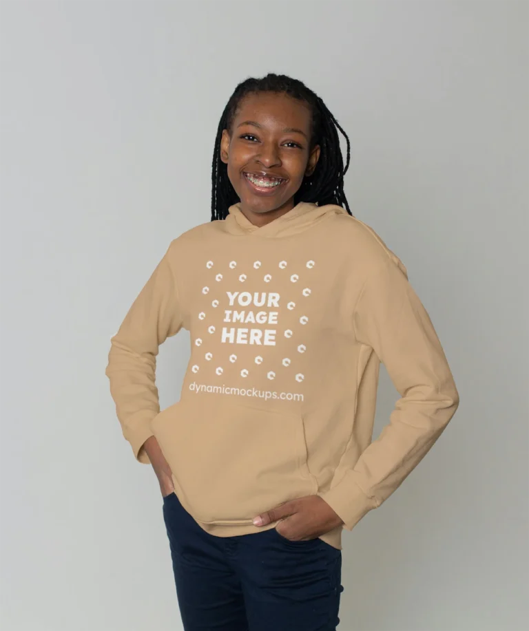 Woman Wearing Tan Hoodie Mockup Front View Template