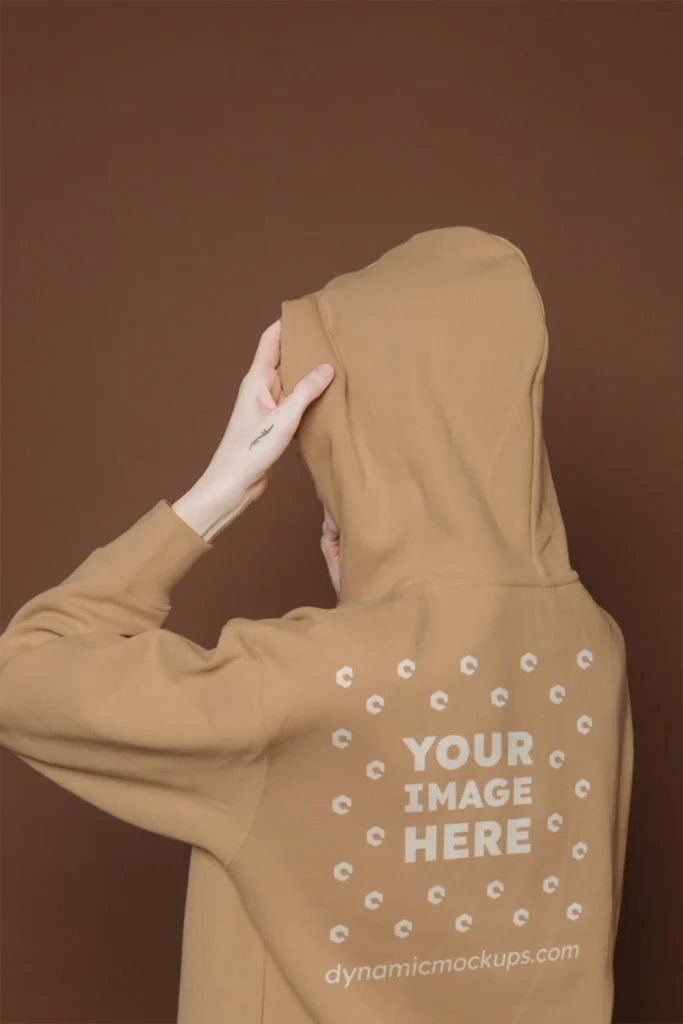 Woman Wearing Tan Hoodie Mockup Back View Template