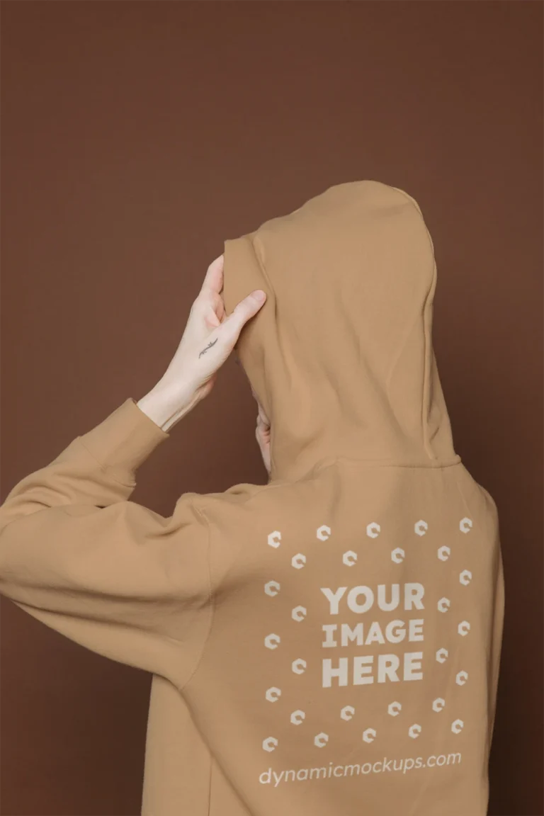 Woman Wearing Tan Hoodie Mockup Back View Template