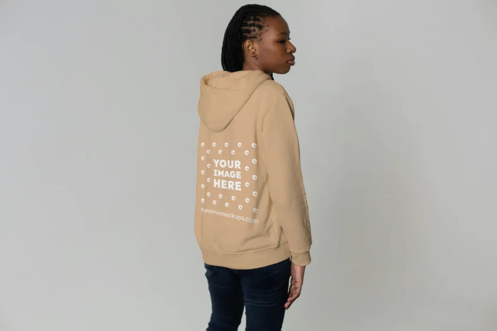 Woman Wearing Tan Hoodie Mockup Back View Template