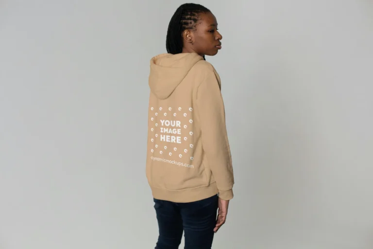 Woman Wearing Tan Hoodie Mockup Back View Template