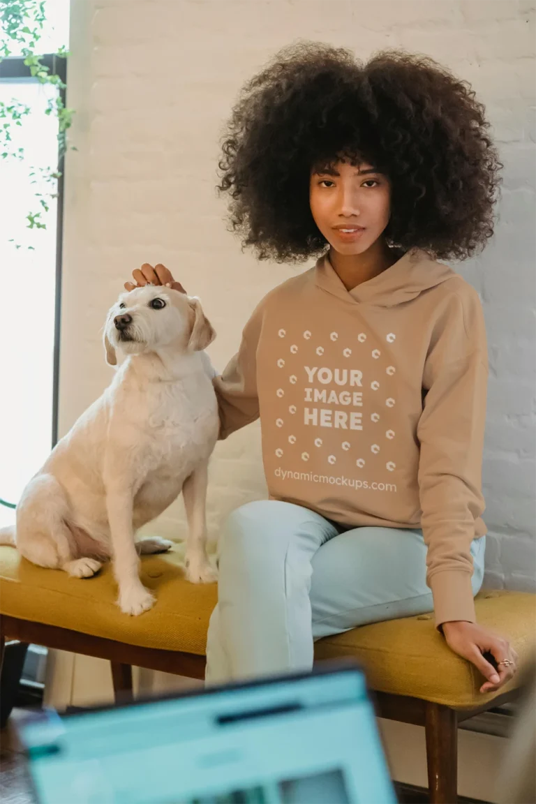 Woman Wearing Tan Hoodie Mockup Front View Template