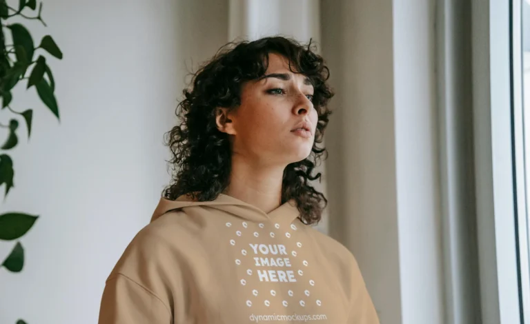 Woman Wearing Tan Hoodie Mockup Front View Template
