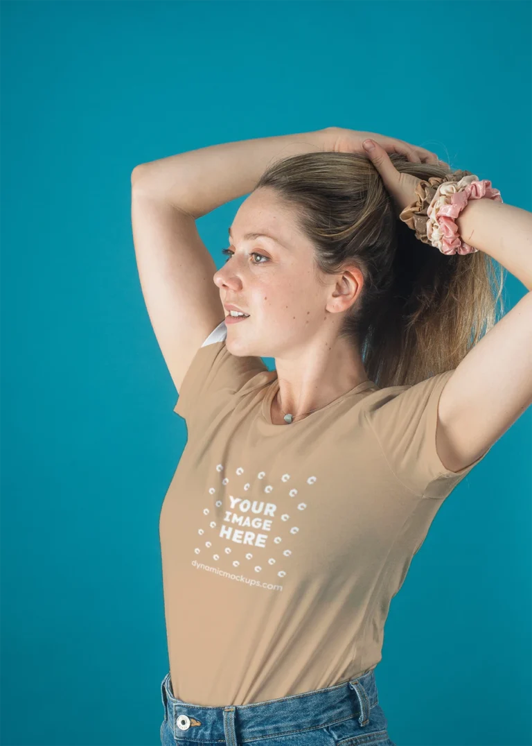 Woman Wearing Tan T-shirt Mockup Front View Template