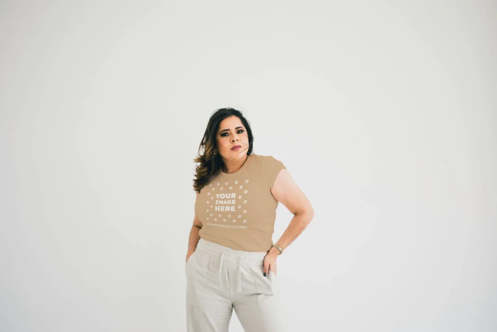Woman Wearing Tan T-shirt Mockup Front View Template