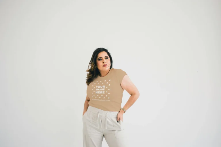 Woman Wearing Tan T-shirt Mockup Front View Template