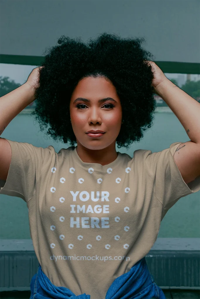 Woman Wearing Tan T-shirt Mockup Front View Template