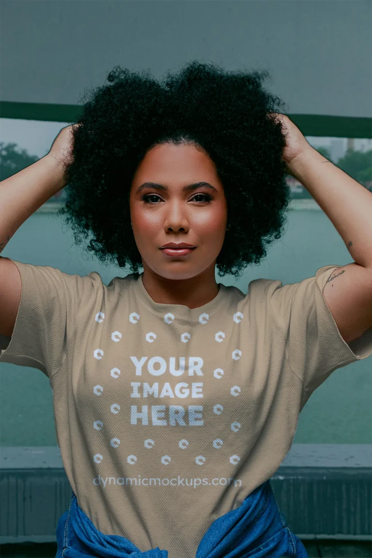 Woman Wearing Tan T-shirt Mockup Front View Template