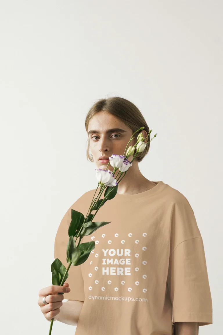 Woman Wearing Tan T-shirt Mockup Front View Template