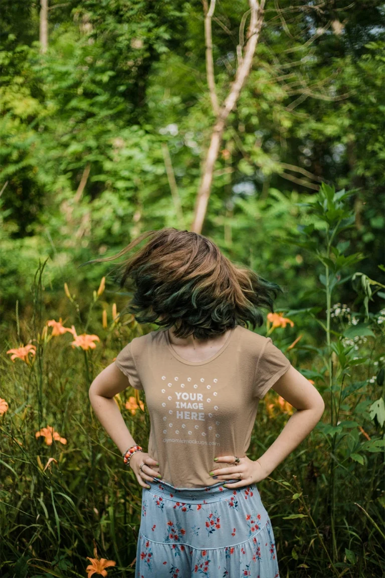 Woman Wearing Tan T-shirt Mockup Front View Template