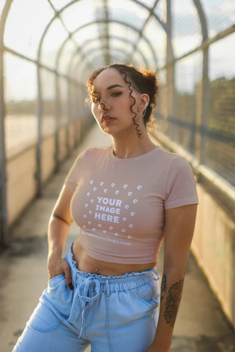 Woman Wearing Tan T-shirt Mockup Front View Template
