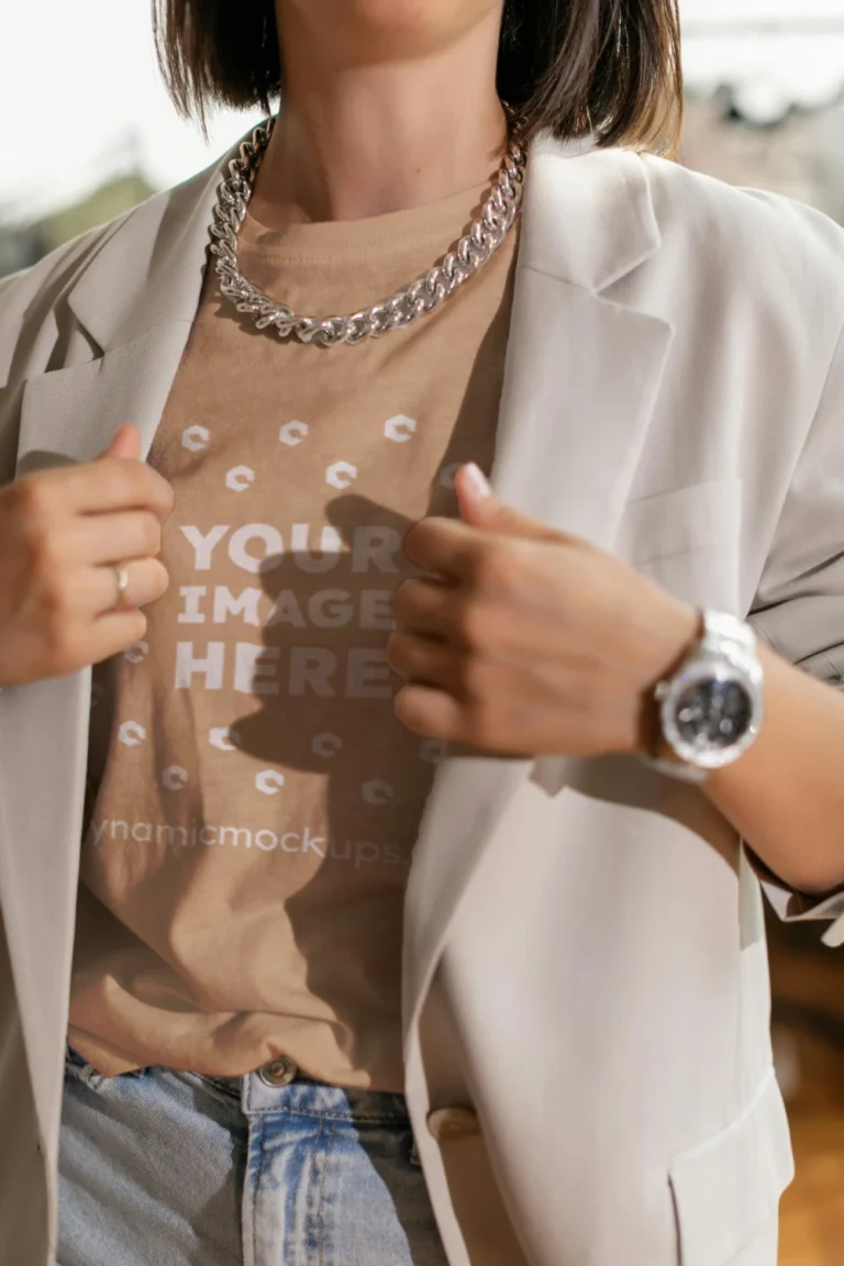 Woman Wearing Tan T-shirt Mockup Front View Template