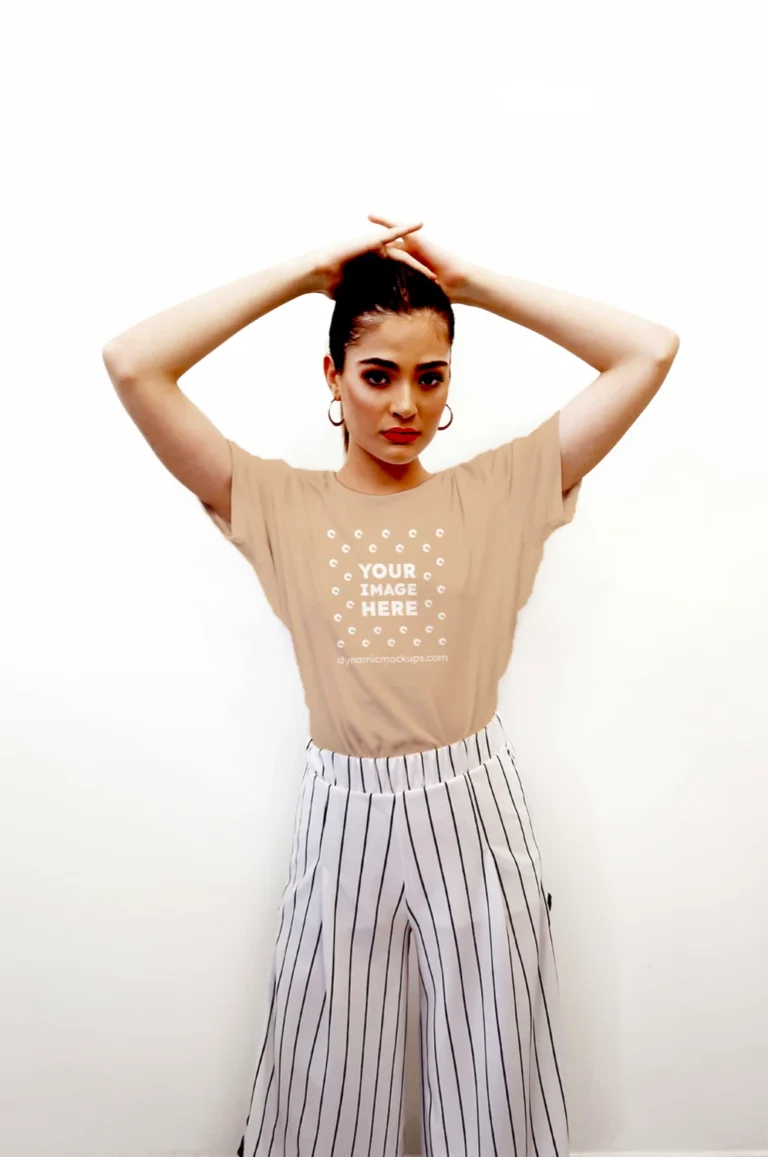 Woman Wearing Tan T-shirt Mockup Front View Template
