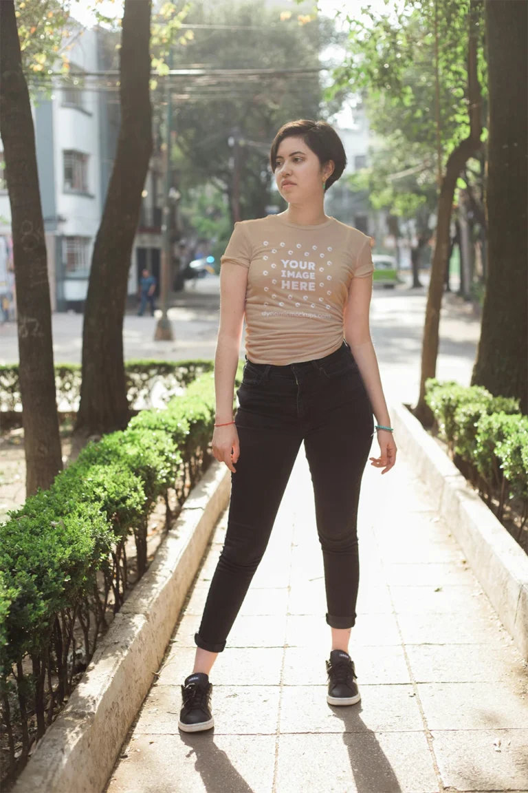Woman Wearing Tan T-shirt Mockup Front View Template