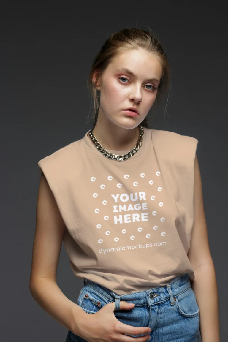 Woman Wearing Tan T-shirt Mockup Front View Template
