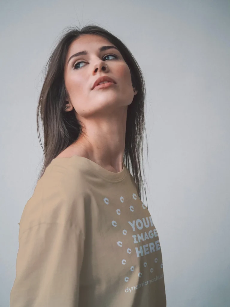 Woman Wearing Tan T-shirt Mockup Front View Template