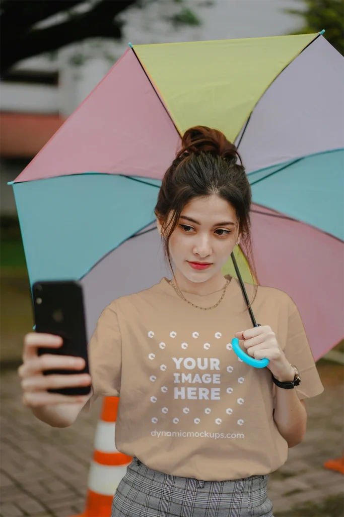 Woman Wearing Tan T-shirt Mockup Front View Template