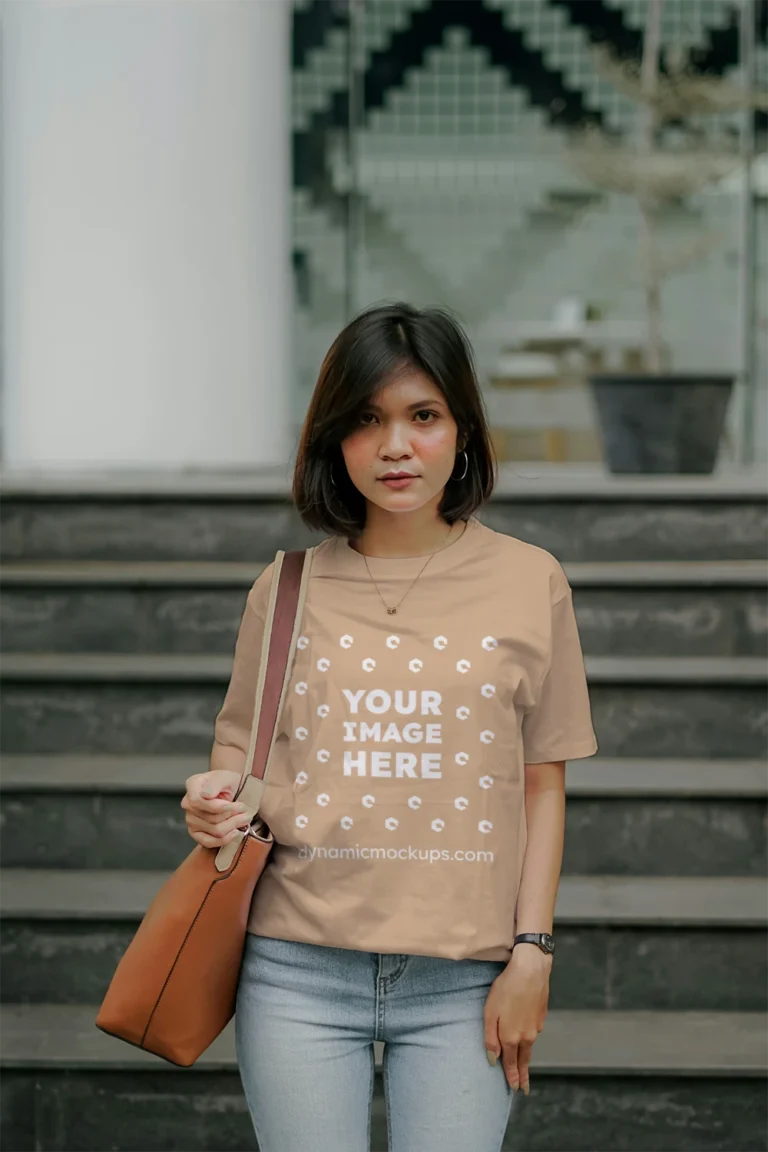 Woman Wearing Tan T-shirt Mockup Front View Template