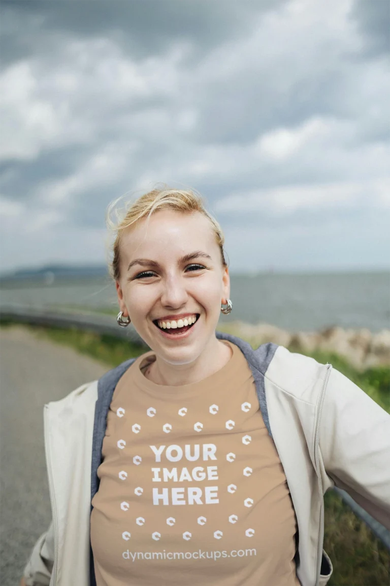 Woman Wearing Tan T-shirt Mockup Front View Template