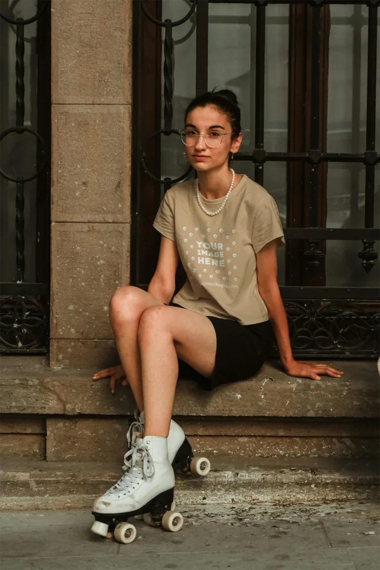 Woman Wearing Tan T-shirt Mockup Front View Template