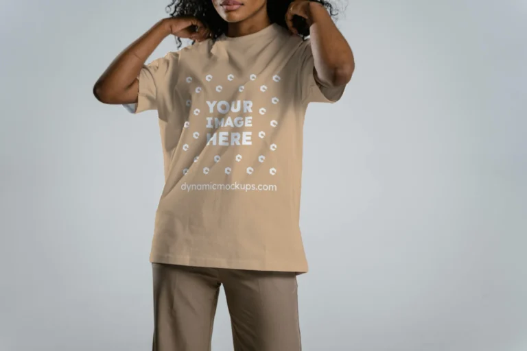 Woman Wearing Tan T-shirt Mockup Front View Template