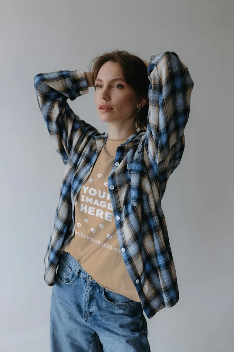 Woman Wearing Tan T-shirt Mockup Front View Template