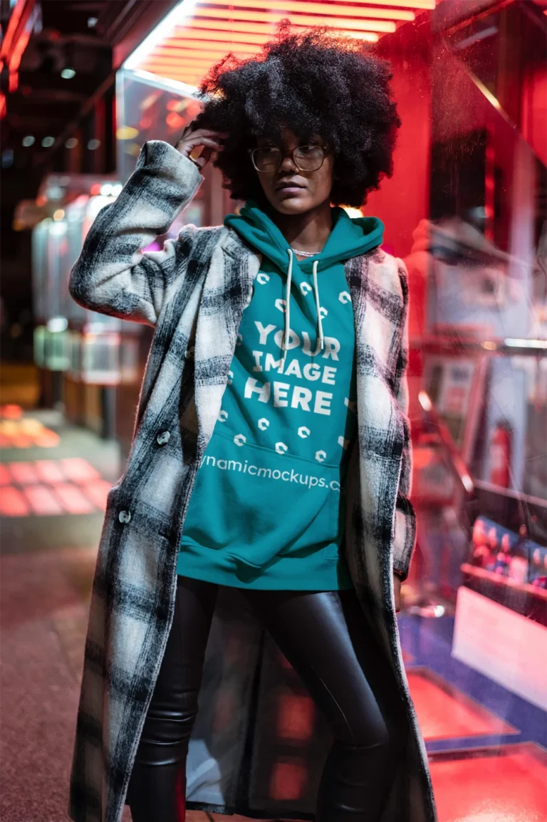 Woman Wearing Teal Hoodie Mockup Front View Template