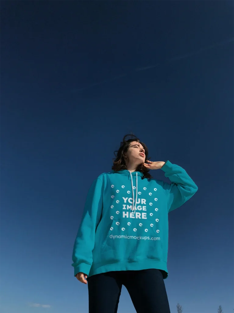 Woman Wearing Teal Hoodie Mockup Front View Template