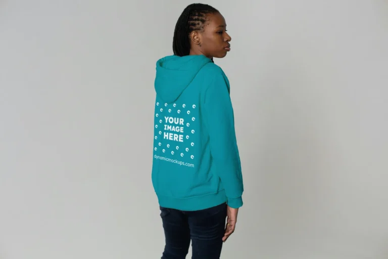 Woman Wearing Teal Hoodie Mockup Back View Template