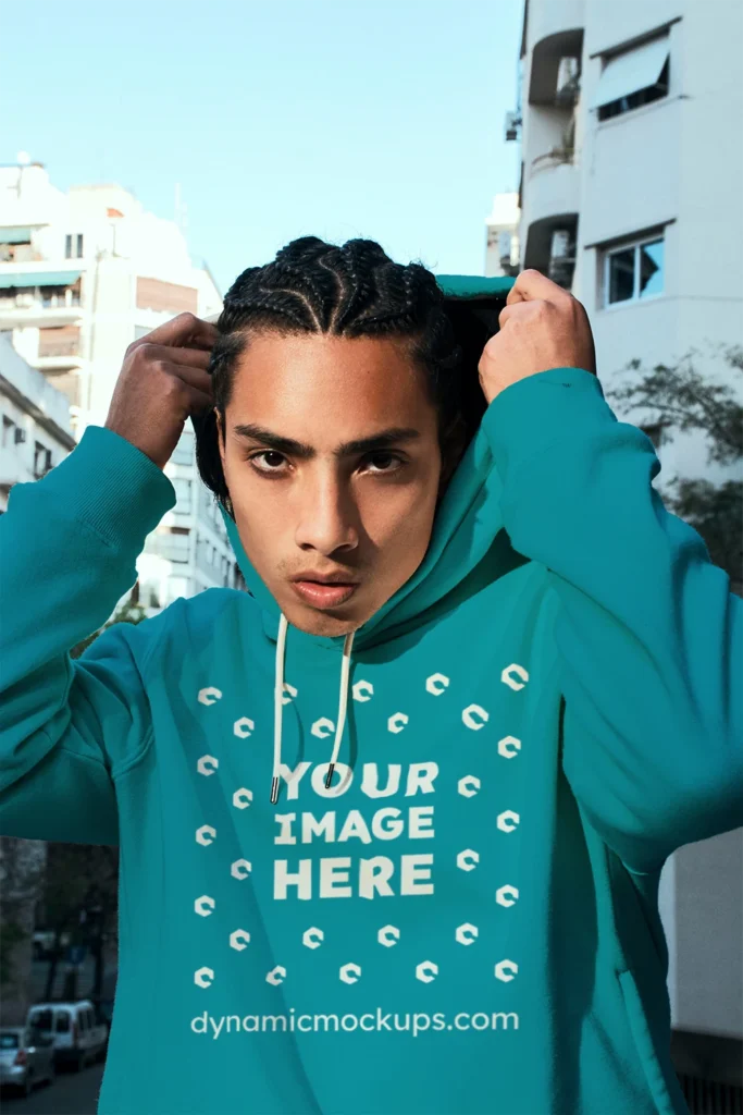 Woman Wearing Teal Hoodie Mockup Front View Template