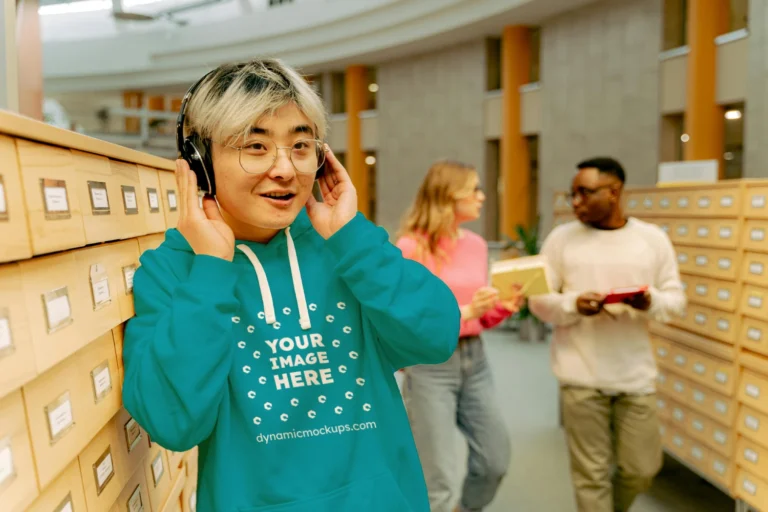Woman Wearing Teal Hoodie Mockup Front View Template