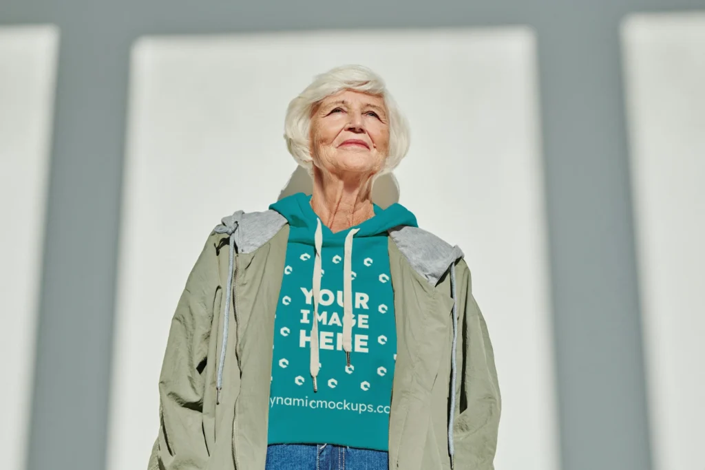 Woman Wearing Teal Hoodie Mockup Front View Template
