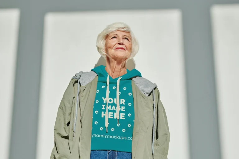Woman Wearing Teal Hoodie Mockup Front View Template