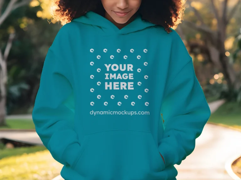 Woman Wearing Teal Hoodie Mockup Front View Template