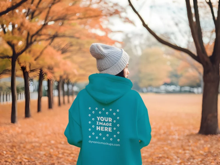 Woman Wearing Teal Hoodie Mockup Back View Template