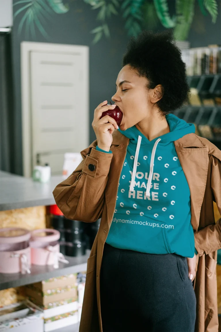 Woman Wearing Teal Hoodie Mockup Front View Template