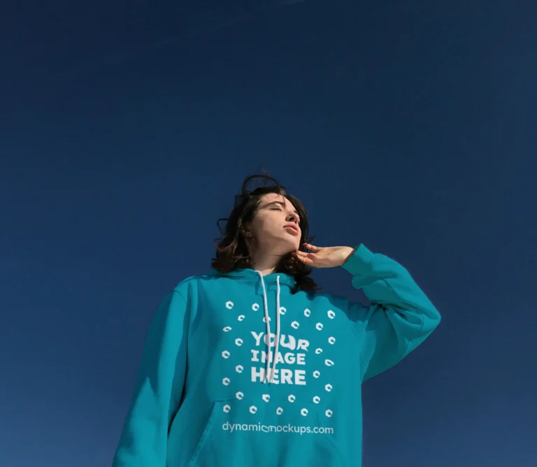Woman Wearing Teal Hoodie Mockup Front View Template