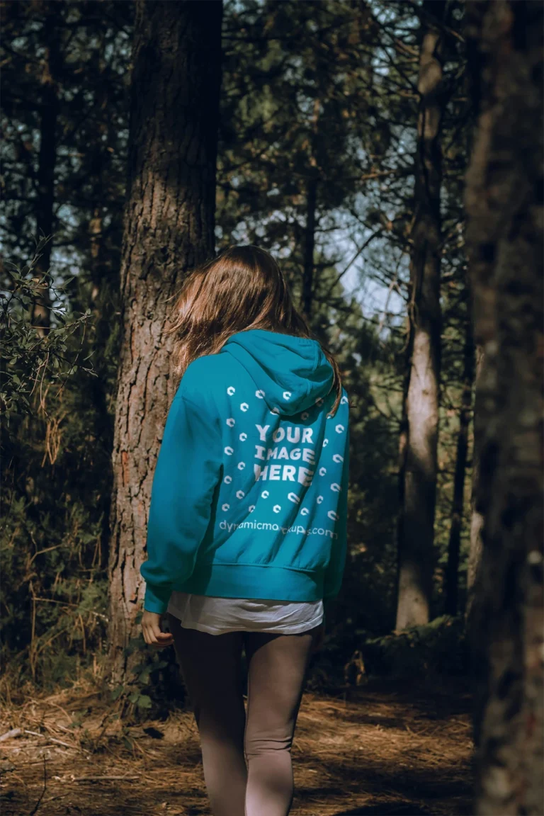 Woman Wearing Teal Hoodie Mockup Back View Template