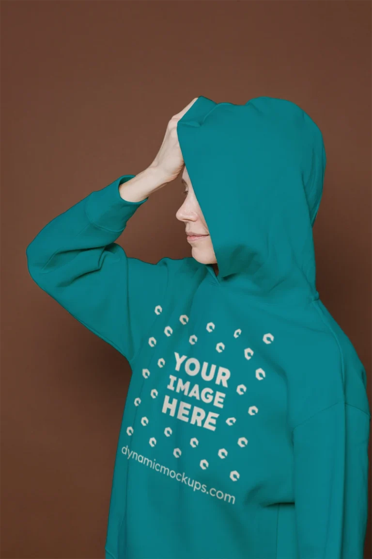 Woman Wearing Teal Hoodie Mockup Front View Template