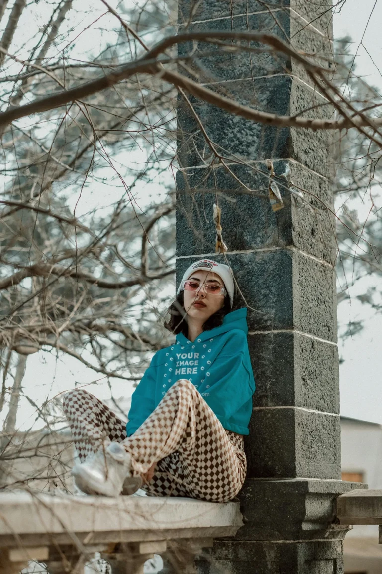 Woman Wearing Teal Hoodie Mockup Front View Template