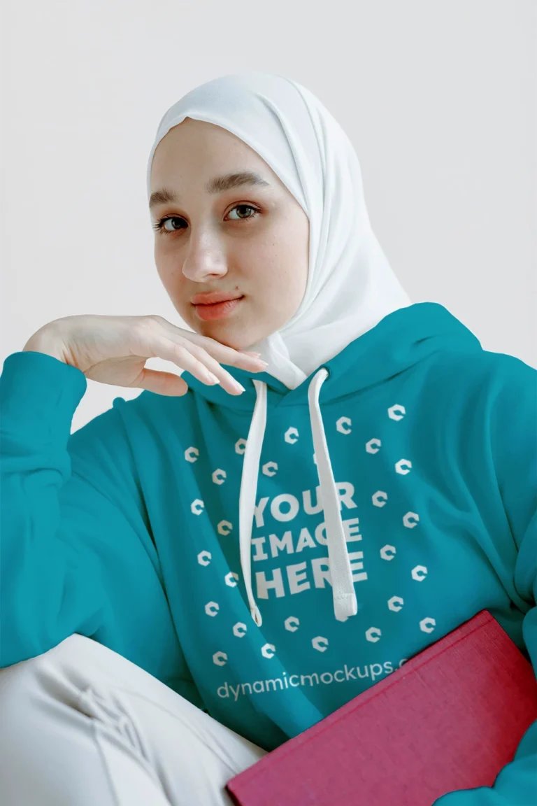 Woman Wearing Teal Hoodie Mockup Front View Template