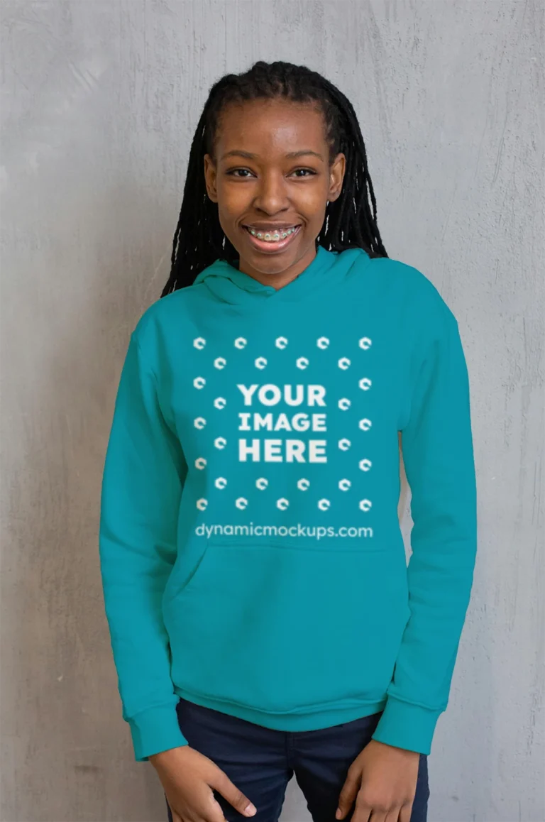 Woman Wearing Teal Hoodie Mockup Front View Template