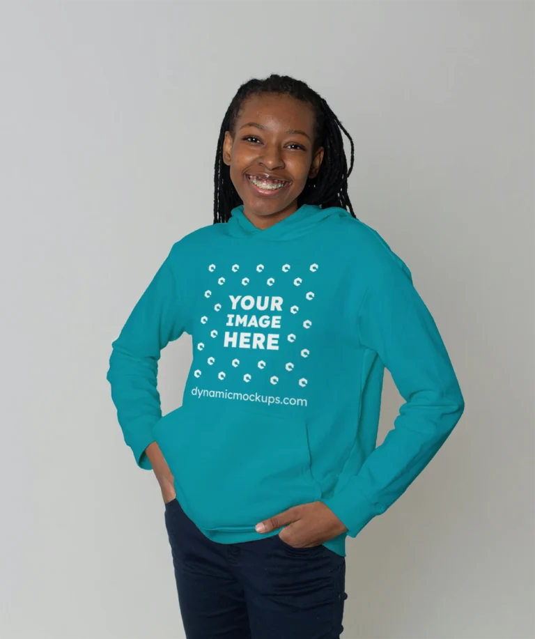 Woman Wearing Teal Hoodie Mockup Front View Template