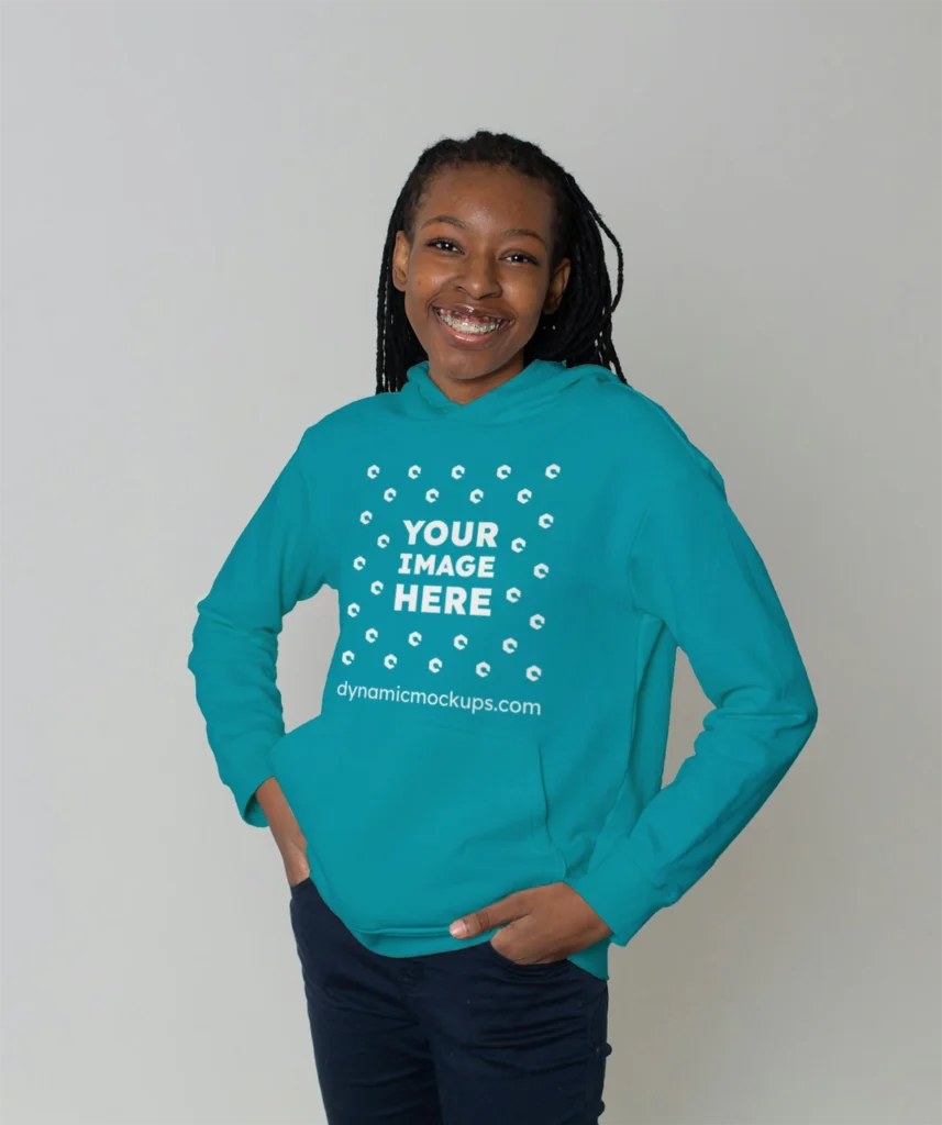 Woman Wearing Teal Hoodie Mockup Front View Template