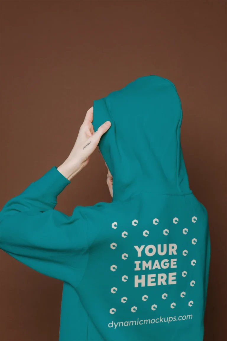 Woman Wearing Teal Hoodie Mockup Back View Template