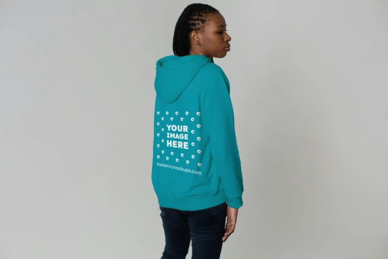 Woman Wearing Teal Hoodie Mockup Back View Template