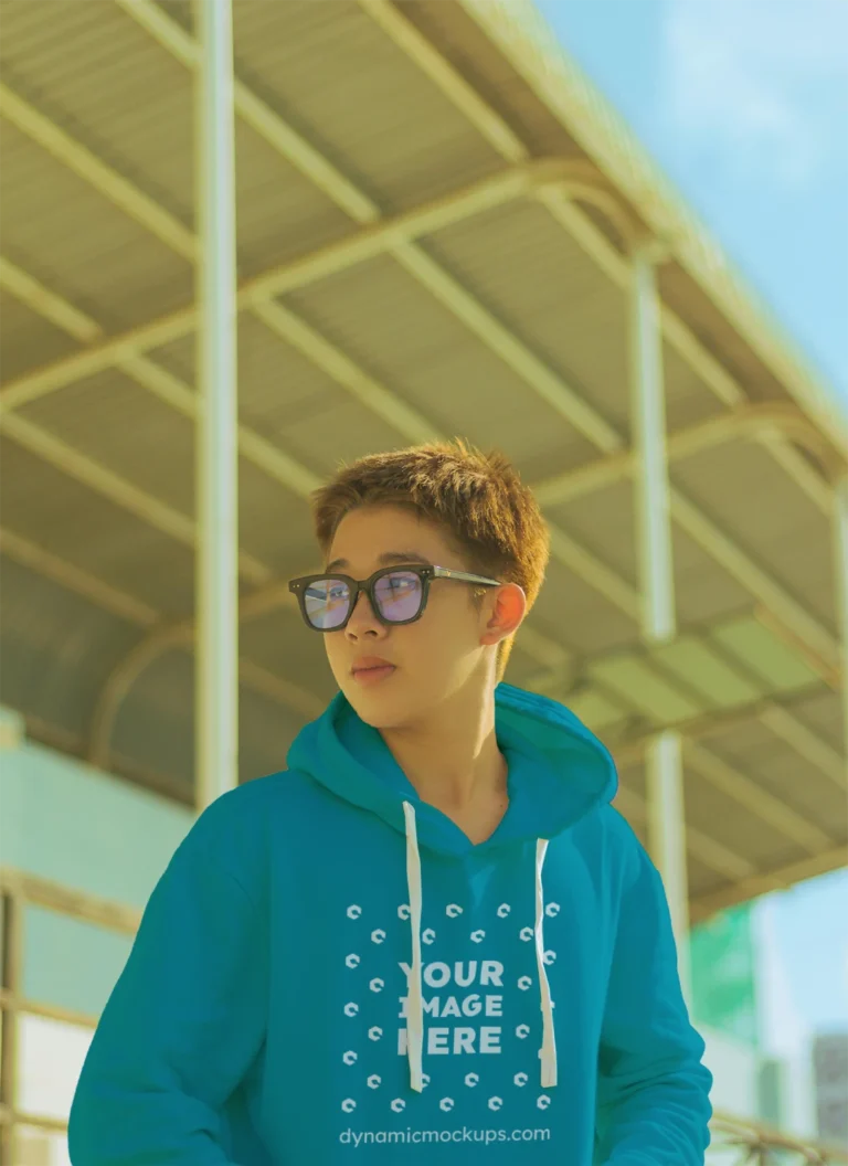 Woman Wearing Teal Hoodie Mockup Front View Template