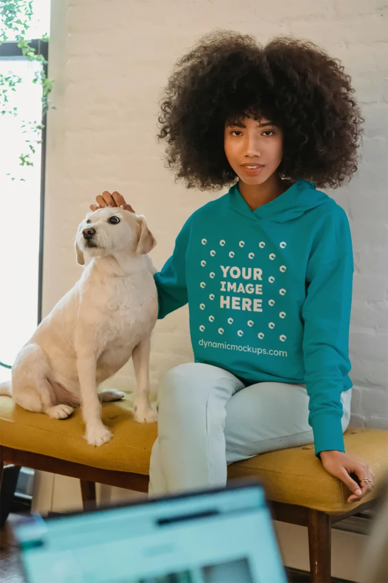 Woman Wearing Teal Hoodie Mockup Front View Template